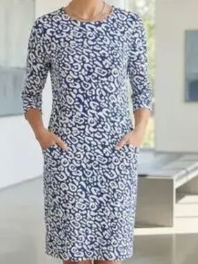 J. McLaughlin Abstract Print Midi Dress Blue White Long Sleeve Size M J9-064